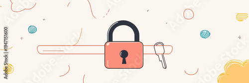 Flat minimalist vector illustration of a red padlock with black shackle secured on horizontal orange bar alongside a separate key on right side with abstract decorative background elements