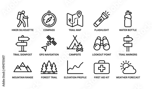 Hiking essentials icon set: maps, compass, gear, and trail symbols