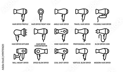 Various hair dryer icons: profiles, front views, travel, foldable, wall mount, modern styles