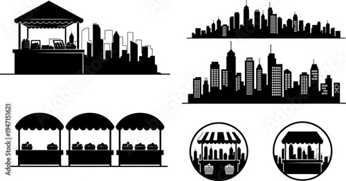 black silhouettes of city skylines and market stalls on white background