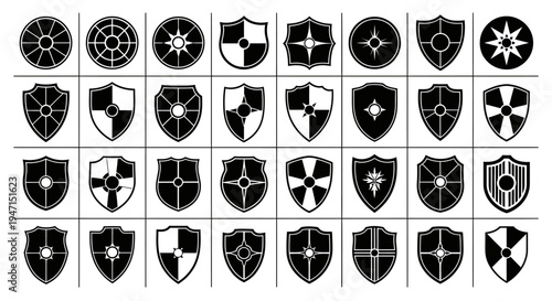 Collection of black and white heraldic shield icons with various designs and patterns on a grid background