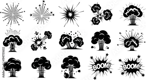 collection of black explosion and boom comic icons on white background