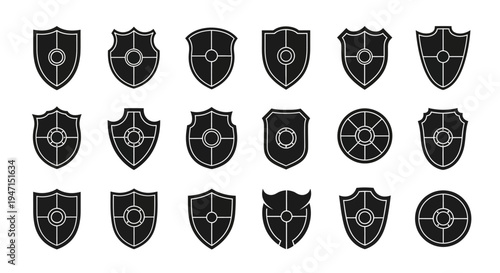 Set of black shield icons with crosshair targets on white background security and protection symbols