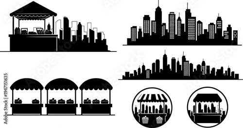 Black silhouettes of city skylines and market stalls on white background