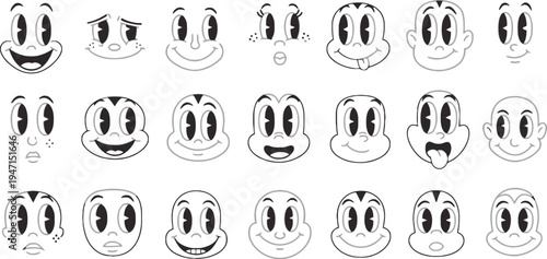 Collection of various cartoon faces with different emotions and expressions on white background