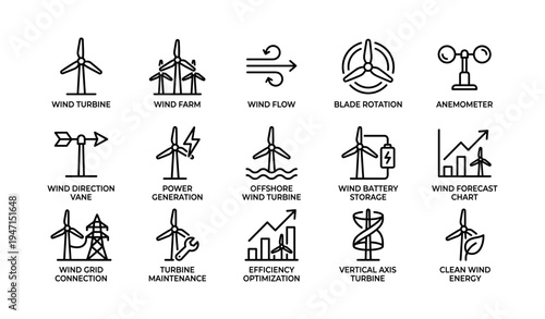Wind energy icons set: turbines, anemometer, power generation charts and storage