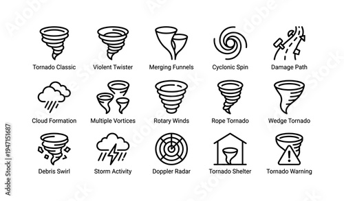 Tornado icons set: twisters, storms, and weather symbols