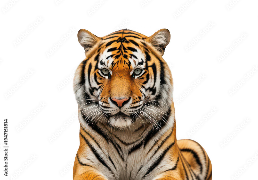 Obraz premium A tiger with orange and black stripes looks straight ahead isolated on transparent background
