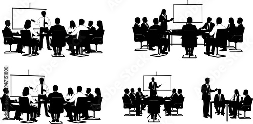 Collection of business people in meeting silhouettes presenting on whiteboard  corporate teamwork collaboration