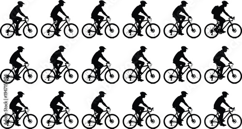 Cycling man silhouettes collection featuring mountain bike rider in motion isolated vector illustration set for sport fitness and outdoor design