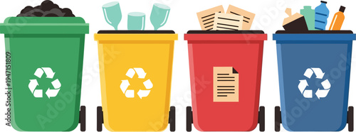 Colorful recycling bins for waste sorting eco friendly garbage management