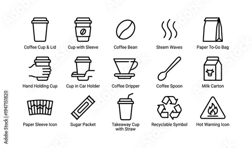 Coffee icon set with cups, beans, steam, bag, and symbols