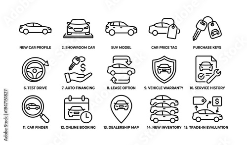 Car dealership icons: vehicle purchase, financing, lease options, warranty, evaluation