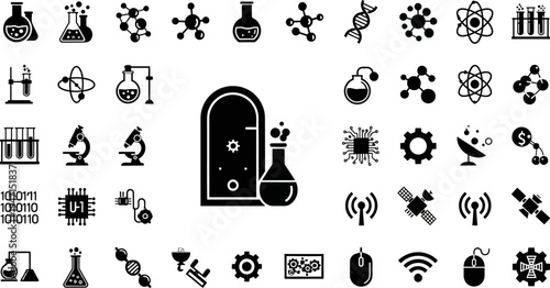 Collection of science and technology icons including laboratory equipment and computer symbols