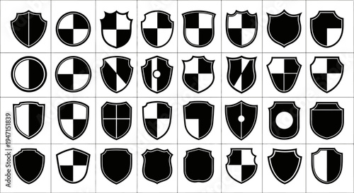 Collection of black and white heraldic shield icons on grid background