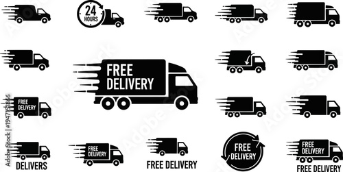 Free delivery truck icons in black and white for logistics and shipping concepts