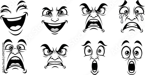 Collection of various cartoon faces with different emotions on white background