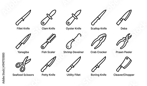 Collection of culinary tools for seafood preparation and filleting
