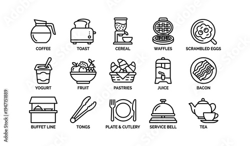 Breakfast icons featuring coffee, toast, cereal, waffles, and more
