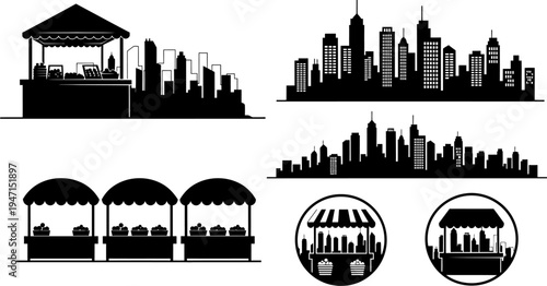 City skyline silhouettes with market stalls and buildings in black on white background
