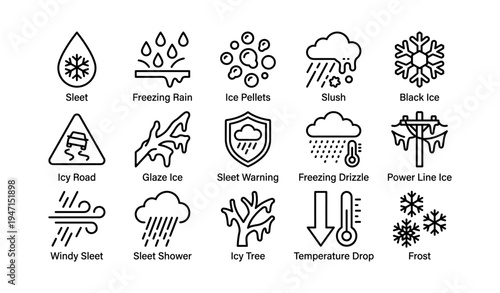 Weather icons: sleet, freezing rain, ice pellets, slush, black ice