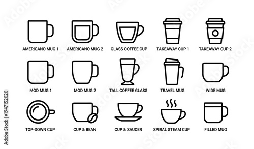 Collection of coffee and tea cup icons in various styles
