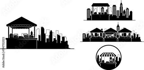 set of city skyline and food truck silhouettes in various styles and perspectives