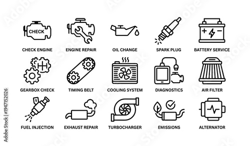 Car maintenance icons: engine repair, oil change, diagnostics, air filter, alternator