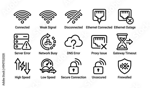 Network status icons: connectivity, errors, security, speed, and signal strength symbols