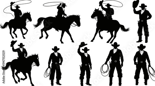 Set of cowboy silhouettes riding horse or standing holding lasso or tipping hat isolated on white background