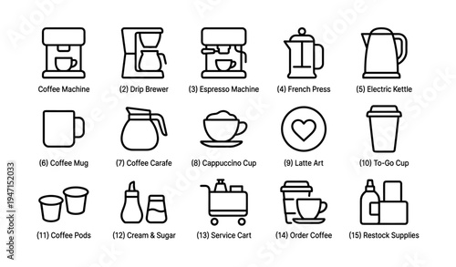 Coffee brewing equipment icons including drip brewer and espresso machine