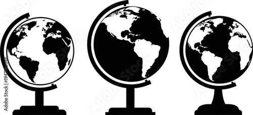 Three black and white globe icons on stands with rotating motion graphics  earth from different angles