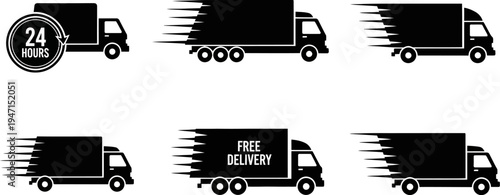 deliverytruckiconswithmotionlinesandfreedeliverysignsonwhitebackground