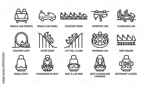 Amusement park ride icon set: coaster cars and safety features illustrations