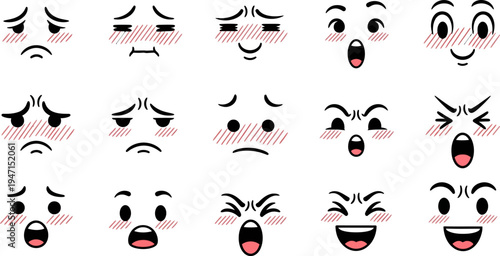 Collection of various cartoon faces with different emotions and blushing cheeks on white background
