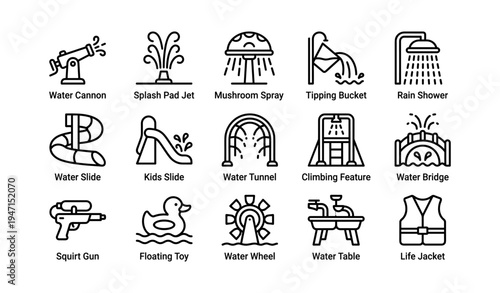 Water playground icons: slides, showers, and play features