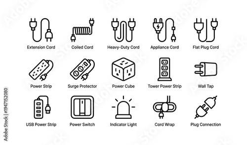 Various power cord types and power strip icons in black and white