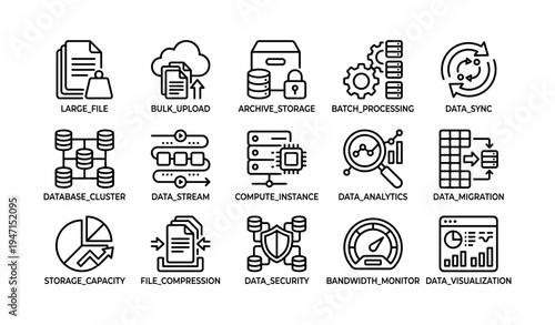 Data management icons: file upload, cloud sync, database, analytics, security, compression
