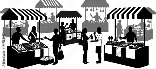 black and white illustration of people shopping at outdoor market stalls selling various goods  vendors and customers