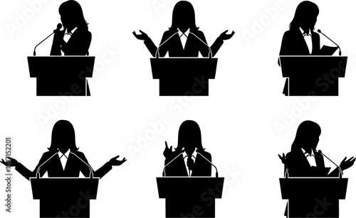 Silhouette of people giving speeches at a podium from different angles and gestures