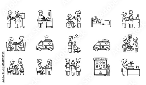 Healthcare patient care stick figure illustrations medical staff hospital service vector set isolated on white