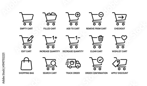 Shopping cart icons for e-commerce: empty, filled, wishlist, checkout, discount