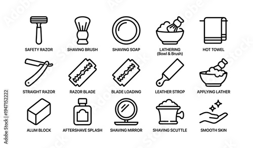 Vintage shaving set icons featuring razors, brushes, and accessories