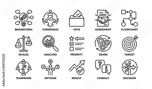 Business icon set: decision making, teamwork, analysis, and strategy symbols