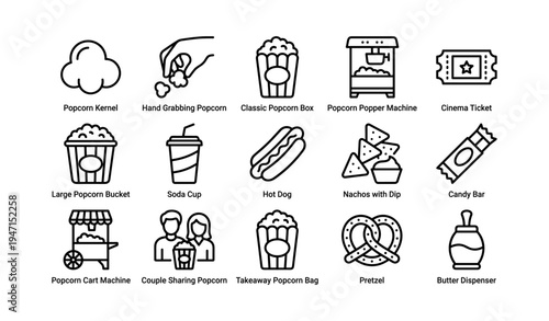 Popcorn and snack icons including popcorn box, soda, cinema ticket, nachos, and pretzel