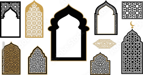 Islamic geometric patterns and arches in black gold and white for design and decoration purposes