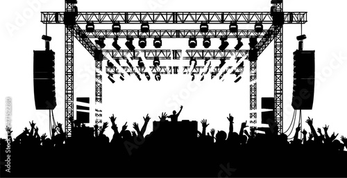 concert stage with raised hands and speakers on metal trussing in silhouette