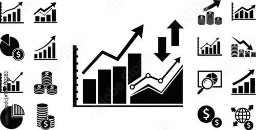 Collection of various business and finance icons and graphs on white background