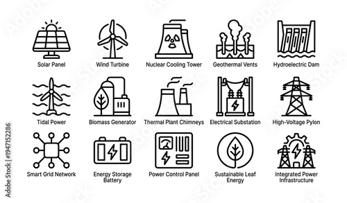 Renewable energy icons: solar wind geothermal hydro biomass electrical