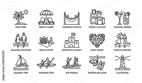Beach vacation icons: relaxation, adventure, and romance symbols